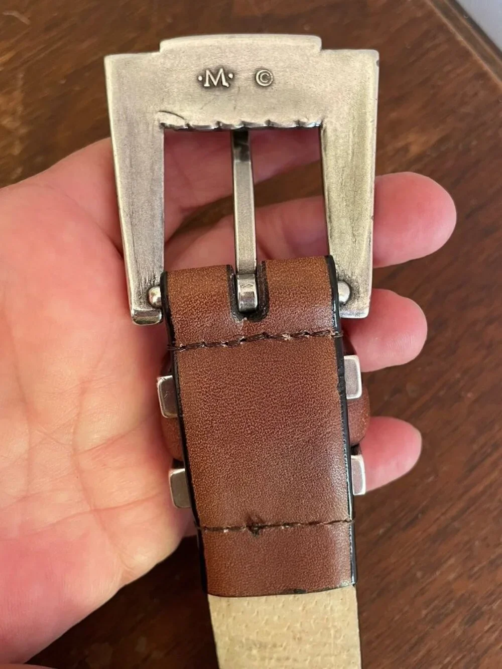 Vintage Southwest Style Silver Chunky Buckle Brown Leather Belt Size 28-32